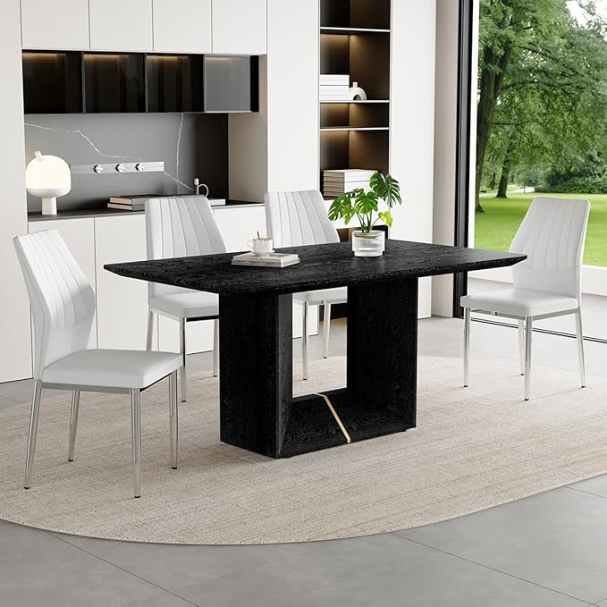63" Modern Black Dining Table Set for 4 with Chairs, 5 Piece Rectangular Dining Room Table and 4 PU Leather Chairs, Kitchen Dining Set with Matte Wood Finish, Geometric Base, Easy Assembly