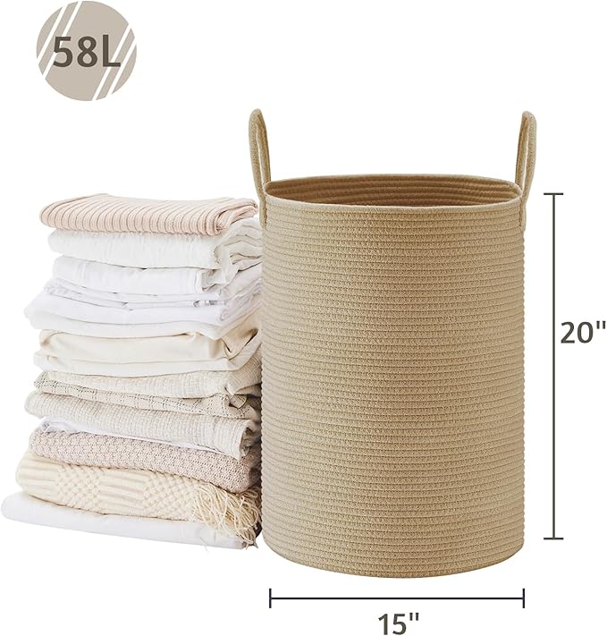 VIPOSCO Large Laundry Hamper, Tall Woven Rope Storage Basket for Blanket, Toys, Dirty Clothes in Living Room, Bathroom, Bedroom - 58L Jute