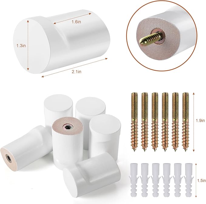 Wood Wall Hooks 6 Pack, Modern Decorative Coat Hooks Wall Mounted, Handmade White Hat Hooks Heavy Duty Entryway Wall Hangers for Hanging Towels Robes Purses (White)