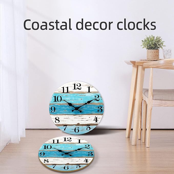 CHYLIN Wall Clock Beach Decor 12 Inch Coastal Nautical Ocean Clocks for Living Room, Silent Non Ticking Wall Clocks Battery Operated Decorative for Kitchen,Bedroom,Bathroom,Home(Blue)