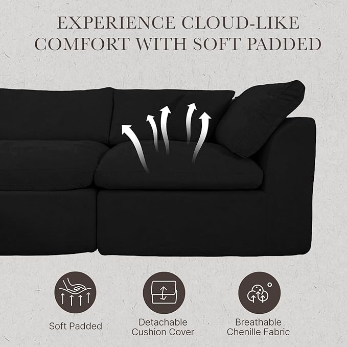 Cloud Modular Sectional Sofa Couch,141” U-Shape Sofa with Wide Armrest, Modern High-Density Sponge Compressed Couch for Living Room, Bedroom,No Assembly Needed (Black, 4 Seats+ 2 Ottoman)