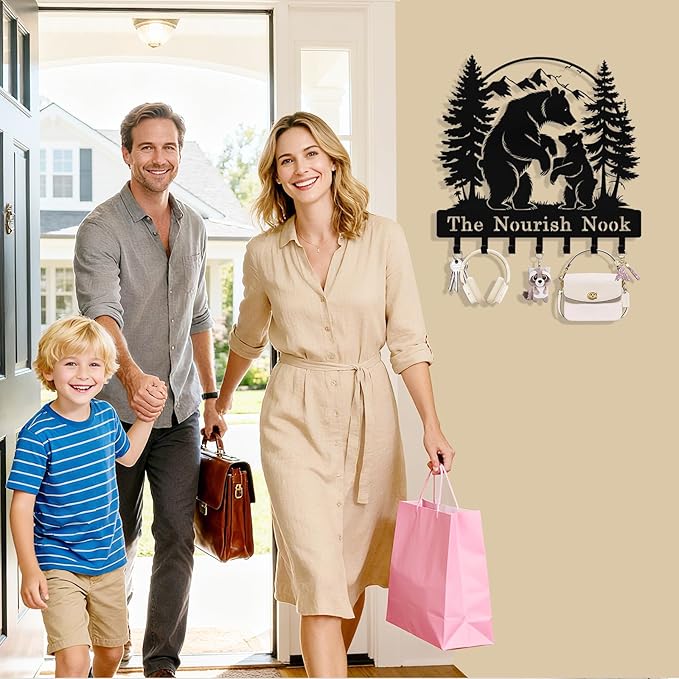 Personalized Bear Forest Key Holder Wall Mount, Custom Metal Key Holder for Wall with Name, Custom Keys Rack Hanger with Hooks for Entryway, Front Door, Hallway, Living Room, Kitchen