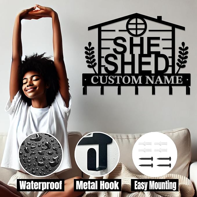 Personalized She Shed Keys Hooks,Custom Name Metal She Shed Art Keys Hooks,Metal She Shed Lover Wall Home Storage Decorative Keys Hooks,Key Holder Hooks for Wall (Style C)