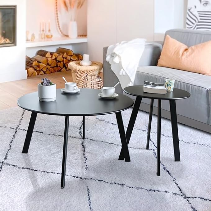 Outdoor Patio Coffee Table Set of 2, Weather Resistant End Table, Round Nesting Tables for Living Room Balcony Office,Black