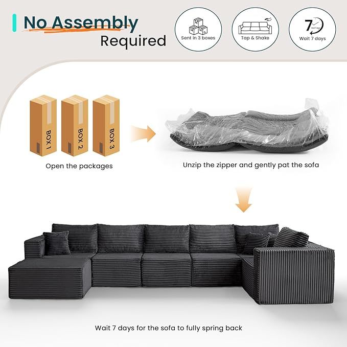 156" U Shaped Cloud Couch Sectional Modular Sofa with Deep Seat, 7 Seater Corduroy Couches, Boneless Couch with Removable Ottoman, Sectional Couches for Living Room, No Assembly Required, Grey