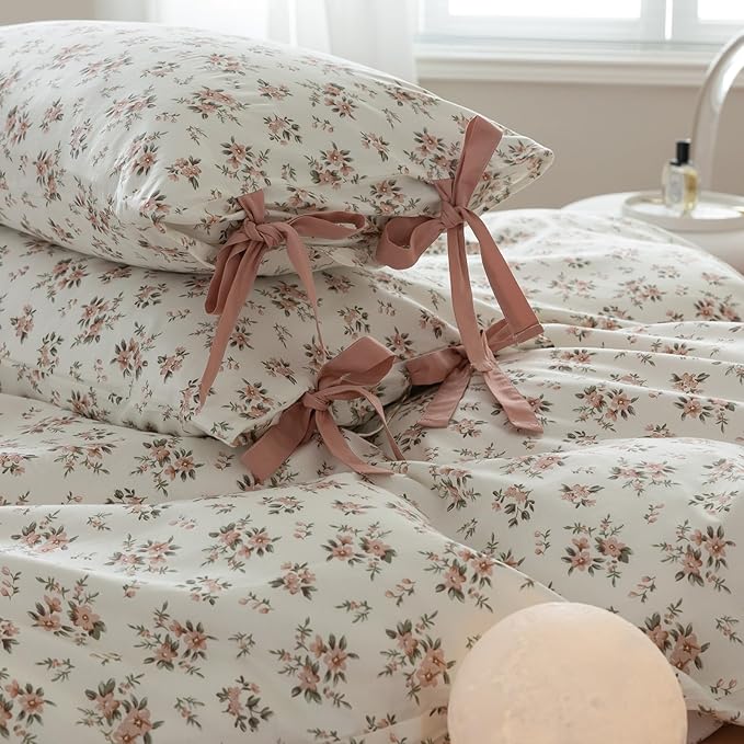 LifeTB Pink Floral Duvet Cover Queen 100% Cotton Flower Duvet Cover Girls Cottagecore Bedding Set Vintage Garden Style Aesthetic Bedding Floral Comforter Cover Botanical Bedding Cover Queen Size