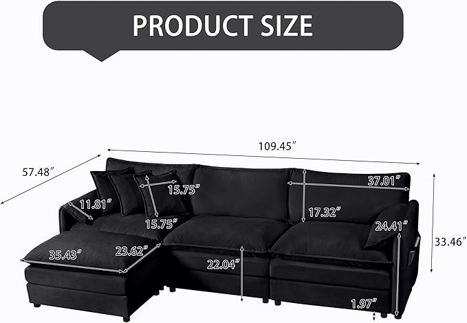 109.45" Modular Sectional Sofa,L Shaped Couch for Living Room,Modern Deep Seat Sofa 3 Seater Comfy Cloud Couchse Chenille Fabric with Throw Pillows & Movable Ottoman.