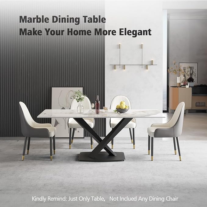 Modern Rectangle Marble Dining Table,71" Antique White Marble Sintered Stone Top Dining Table,Rectangle Dining Room Table with X-Shape Carbon Steel Pedestal Table for Kitchen/Living Room(Table Only)
