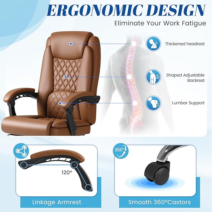 Furmax Office Chair with Footrest Ergonomic High Back Design Executive Computer Desk Chair400lbs, 90-135° Reclining Leather Home Office Desk Chairs Swivel Task Chairs with Wheels (Brown)