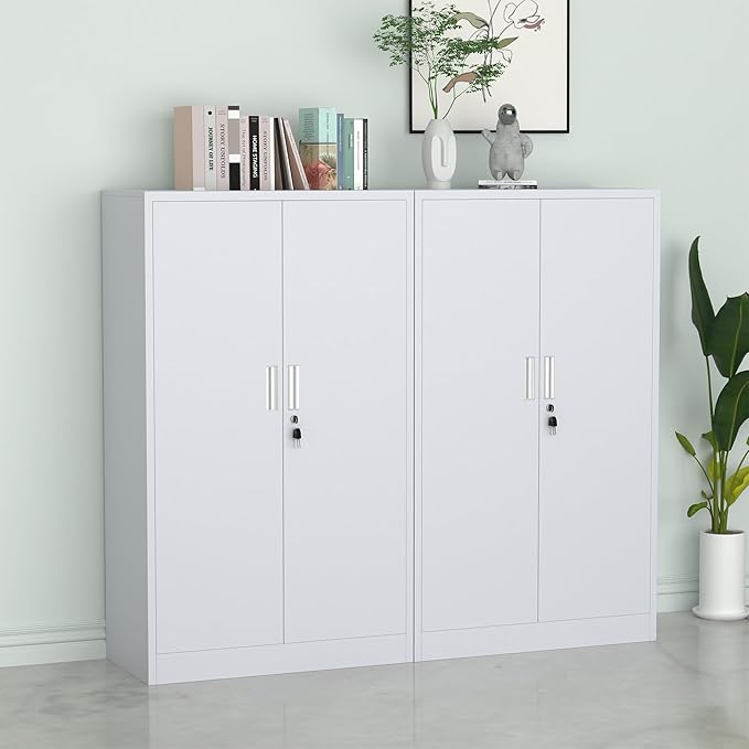 Metal Storage Cabinet with Locking Doors and Adjustable Shelves, 53.5-Inch Tall Lockable Storage Cabinets for Home Office Garage Kitchen Pantry (White)