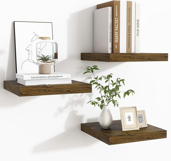 Fun Memories Floating Shelves for Wall - 9.3 Inch Square Shelves with Invisible Brackets, Small Wall Shelf for Living Room, Bathroom, Bedroom, and Kitchen Decor，Brown Set of 3