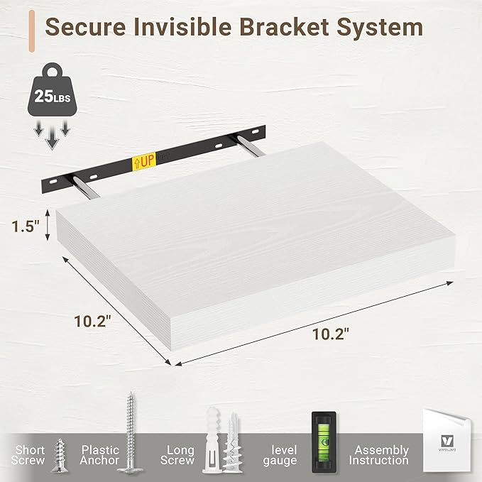 Vivelove 10 in Deep Floating Shelves for Wall, 10.2" x 10.2" x 1.5" Shelves for Room Wall Mounted, 1.5 Inch Thick Shelf for Bathroom Bedroom Kitchen Book Room, Modern Farmhouse Decor, Set of 2, White