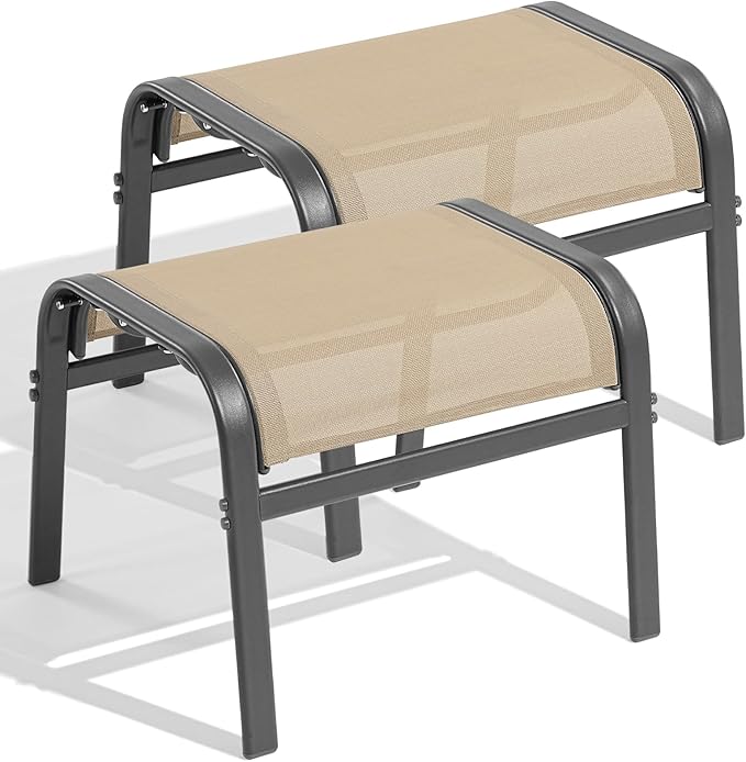 ONBRILL Outdoor Ottoman Set of 2, All Weather Outdoor Foot Stool with Supportive Textliene and Metal Frame, Stackable Oversized Outdoor Foot Rest for Furniture Patio Garden Pool, Beige