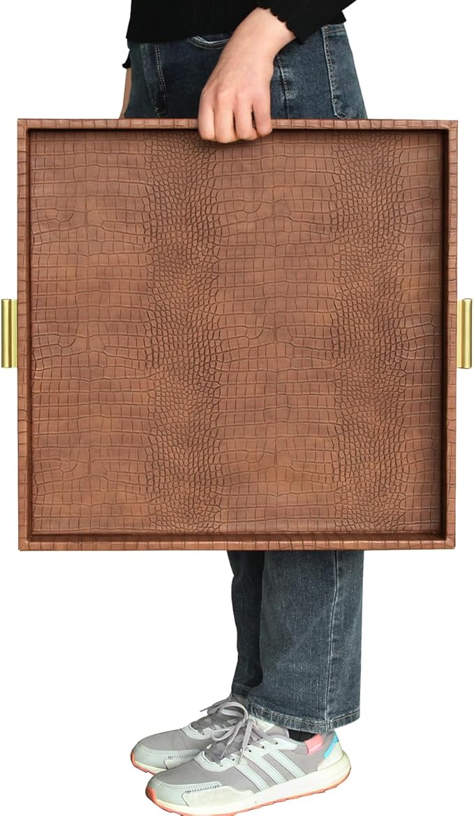 HofferRuffer Elegant Decorative Serving Tray, 20"x20" Square Faux Leather Ottoman Tray with Gold Hardware Handles, Coffee Table Serve Tea Coffee or Breakfast (Antique Brown)