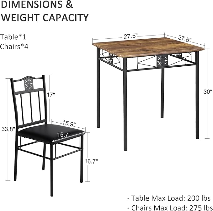 VECELO 3-Piece Small Kitchen Dining Table Set for 2, PU Padded Chairs, Retro Brown