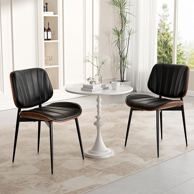 Dining Chair, Mid Century Modern Dining Room Chairs, Upholstered Faux Leather Kitchen Chairs with Walnut Bentwood Back and Metal Legs for Kitchen Dining Room Living Room, Black