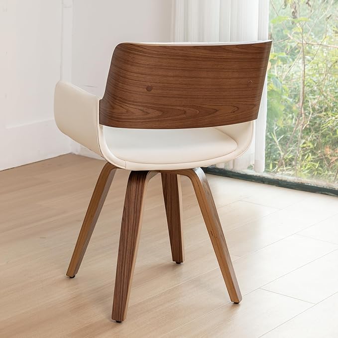 LUNLING Swivel Accent Faux Leather Dining Chairs, Mid Century Modern Chairs with Wooden Legs/Armrest/Upholstered Seat/Adjustable Foots for Kitchen Dining Room Desk Chairs,Beige,1PCS