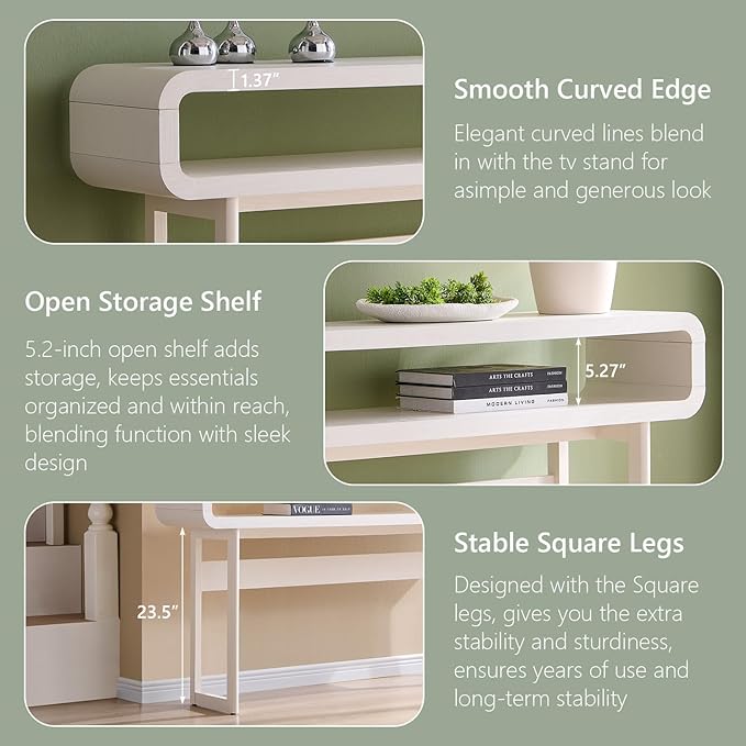 63-Inch Long Console Table, 31.5" Tall Modern Entryway Table with Open Storage Shelf, Curved Profile Design, Narrow Wood Sofa Table Behind Couch Table for Living Room, Hallway, Foyer, White