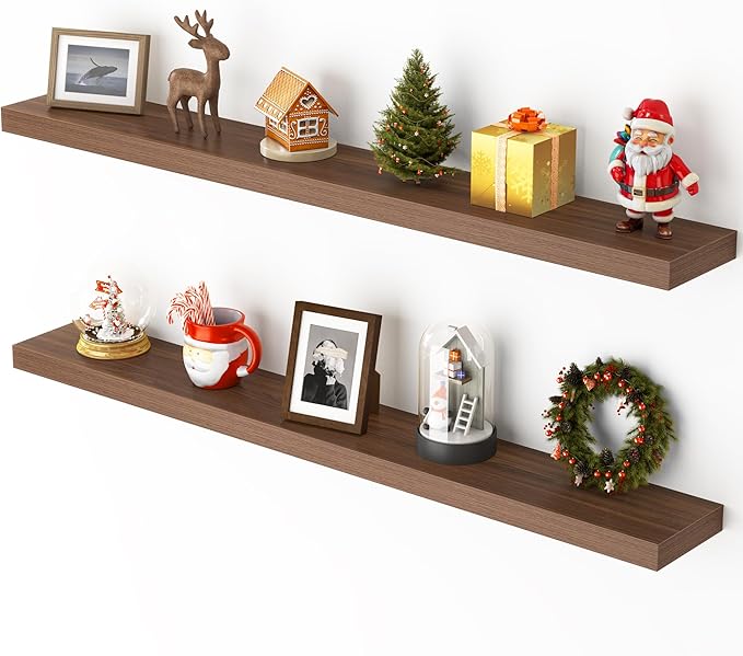 Heimlove 48 Inch Floating Shelves for Wall,Extra Long Wood Shelves Mounted Storage Hanging Shelf Invisible Bracket for Bedroom,Living Room,Kitchen,Office,Set of 2,Walnut Color
