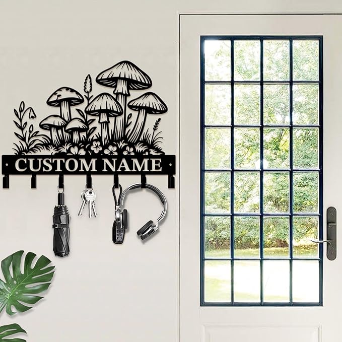 Customized Keys Holder - Personalized Mushroom Wonderland Key Hooks Wall Metal Sign Decor,Wall Holder,Door Hook (Style H)