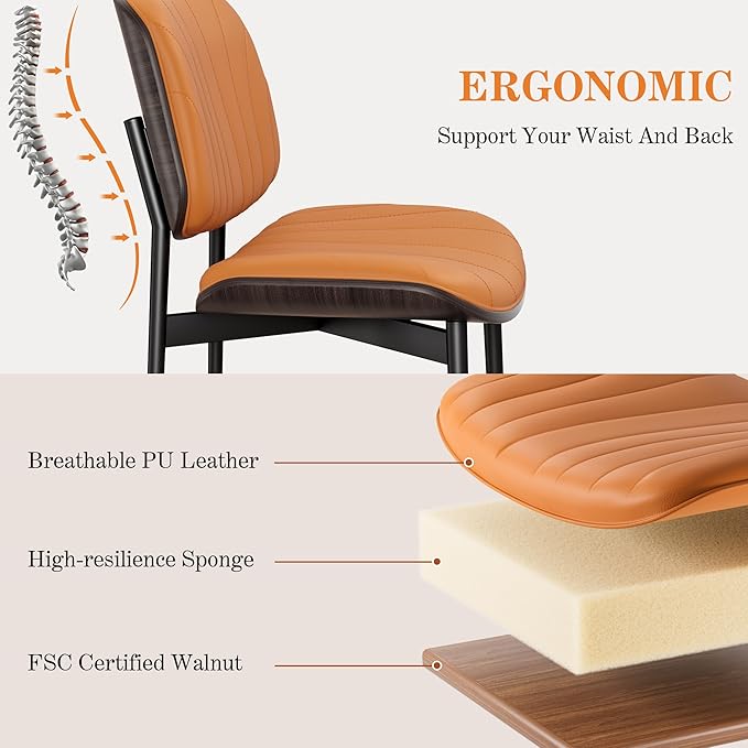 Dining Chairs Set of 2, Mid-Century Modern Upholstered PU Leather Chairs with Walnut Back and Metal Legs Adjustable Feet for Kitchen Dining Room, Orange Shell Strips