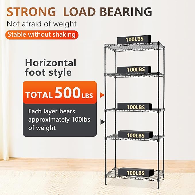 FDW | 5-Tier Wire Storage Shelves | 24"x14"x59" | Black | Adjustable Racks | Heavy-Duty Metal Shelf, Holds Upto 500 lbs | Tool-Free Assembly, Rust-Resistant | for Home & Garage Shelving