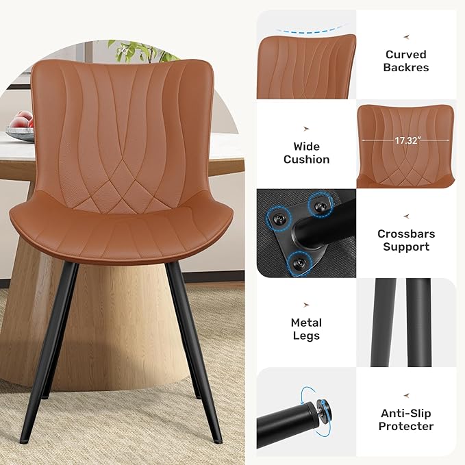 Dining Chair Set of 2 PU Leather Dining Room Chairs Upholstered Comfy Dining Chairs Modern Kitchen Armless Side Chair with Sturdy Metal Legs,Umber