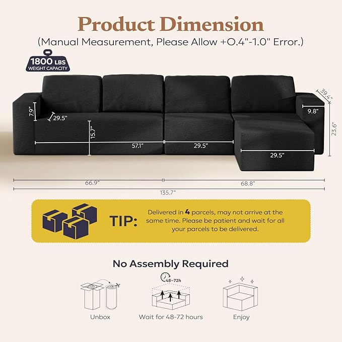 136" Modular Sectional Couch Left/Right Facing Convertible, L-Shape Modern Teddy Sofa, Deep Seat Upholstered Foam Couch for Living Room Bedroom, No Assembly Required (Black, Teddy Boucle)