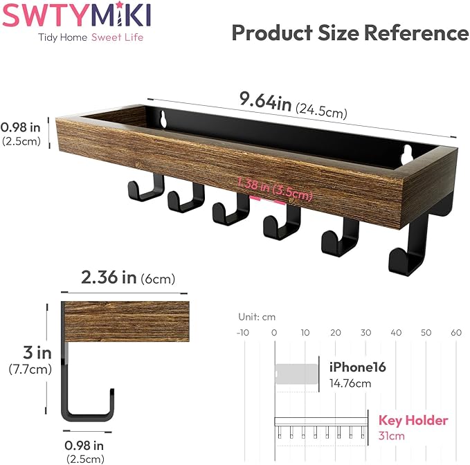 SWTYMIKI Key Holder Wall Mount - Wooden Key Hooks for Wall with Mail Organizer & 6 Hooks, 2 Installation Ways Key Hanger, Key Rack with Shelf for Entryway Living Room Bedroom Office Home Decor Brown