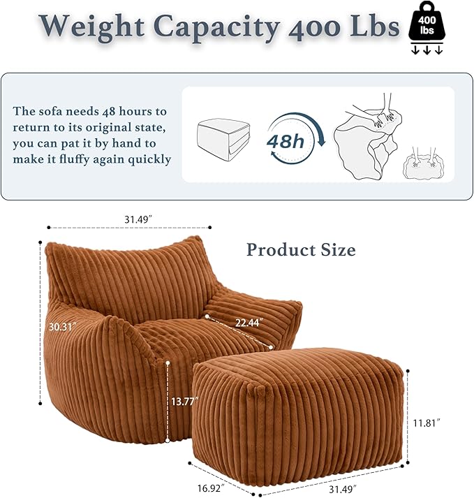 Oversized Bean Bag Chaise Lounge Chair Indoor for Adults with Armrests & Ottoman - Giant Comfy Orange Beanbag Floor Sofa Cloud Accent Chair for Reading, Gaming, Cozy Plush Cloud Mini Couch