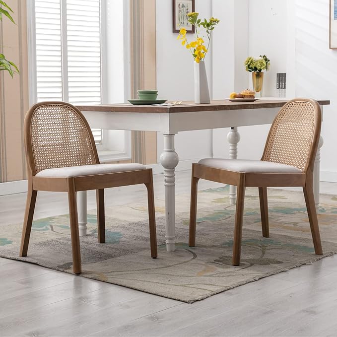 HEAH-YO Rattan Dining Chairs Set of 2, Upholstered Linen Dining Room Chairs with Backrests, Modern Kitchen Chairs with Wood Legs for Dining Room, Beige