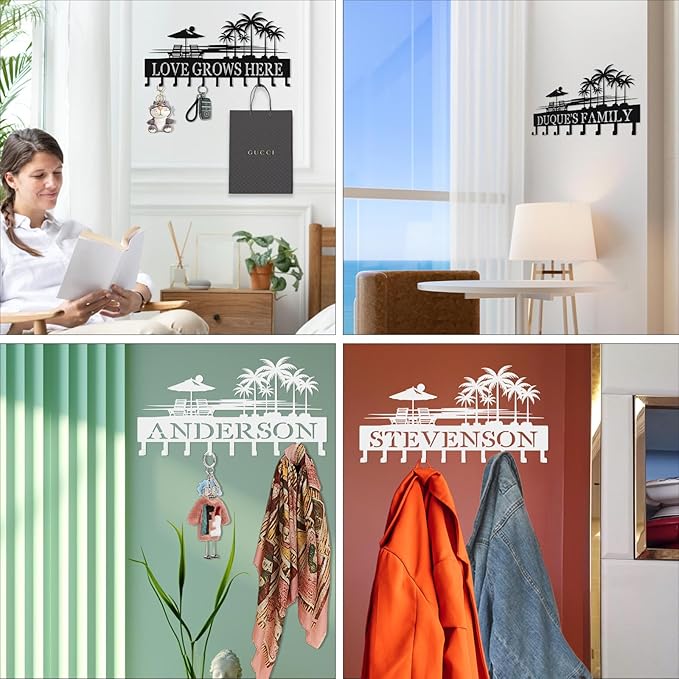 Tropical Key Hook Wall Decor,Personalized Key Holder of Palm Tree & Beach Lounge Chair Design,Stylish Key Holder Wall Mounted for Hallway,Front Door,Entryway