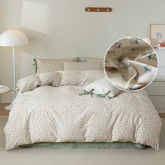 Vintage Style Cotton Duvet Cover Twin 3 Pieces Green Floral Print Duvet Cover Chic Botanical Flower Bedding Sets Cottagecore Floral Comforter Cover Boho Floral Bedding Cover with 2 Bowknot Pillowcases