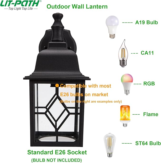 LIT-PaTH Dusk to Dawn Outdoor Wall Lantern, Matte Black Large Exterior Wall Light Fixture, E26 Base, Anti-Rust Aluminum Porch Lighting for Outside, Patio, Garage, 1 Pack