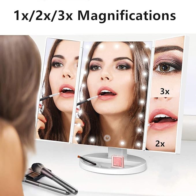 Trifold Makeup Mirror Vanity Mirror with Lights,1X 2X 3X Magnification,Touch Screen,180 Adjustable Rotation,Portable Travel Bathroom Cosmetic Mirror
