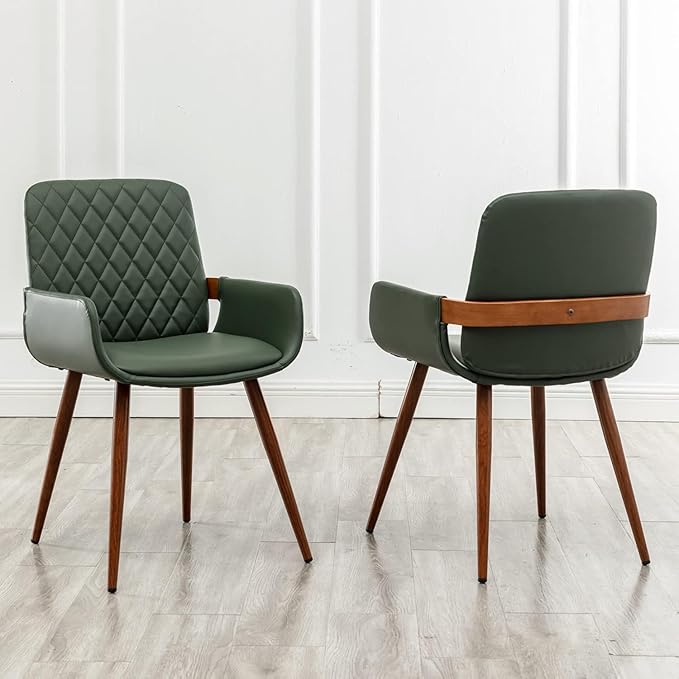 LUNLING Mid Century Modern Faux Leather Dining Chairs Set of 4,Green Upholstered Seat,Metal Legs,Adjustable Foot for Kitchen Dining Room Desk Chairs