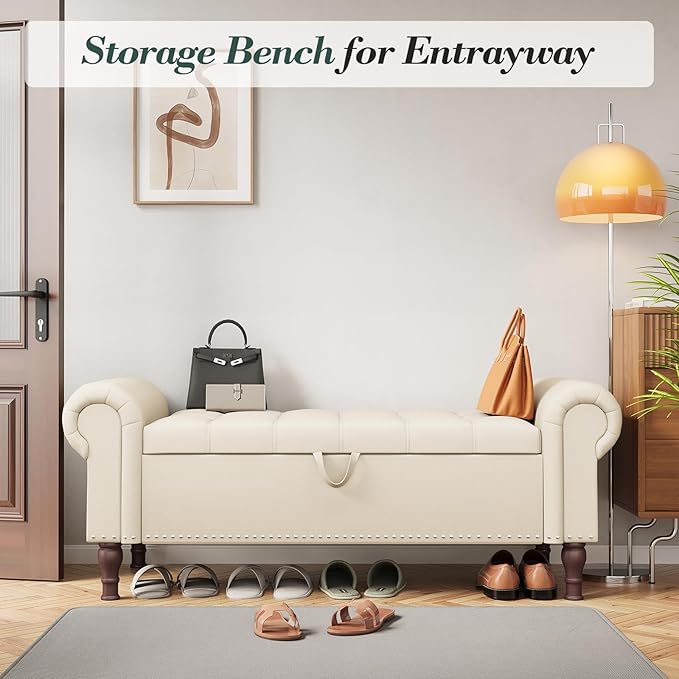 Apicizon 51” Bench with Storage, Faux Leather Ottoman Bench with Rolled Arm & Vintage Rivets, End of Bed Bench for Bedroom, Living Room, Entryway, Beige+Brown Legs