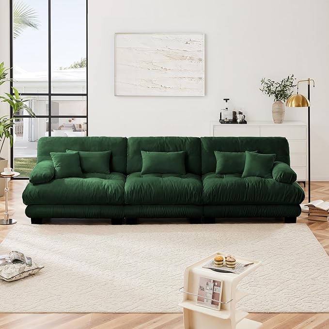 133.8" Oversized Couch, 3 Seater Modular Sectional Sofa, Green Large Sectional Couches for Living Room, Fluffy Chenille Fabric Cloud Couch with 5 Pillows, Deep Seat Sofas