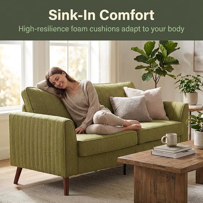 Artechworks Handmade Sofa Couch, 3-Seater 76" Wide W/Durable Italian Style Linen, Modern Mid-Century Fusion Stylish Sofa Couch for Living Room Apartment Lounge,French Piping,Dark Green