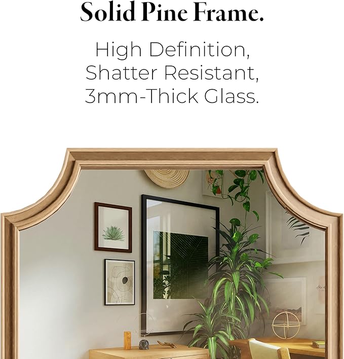 WallBeyond 24" x 36" Full Scalloped Corners Arch Rectangle Wall Mirror with Wood Frame for Entryway, Living Room or Bedroom Home Decor - Light Woodgrain [24" x 36" Natrual]