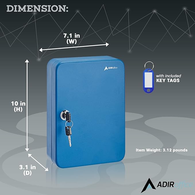 AdirOffice Key Lock Box – 48 Key Hooks Wall Mounted Key Cabinet Lock Box, Car Keys Holder Box, Lockable Key Storage Box - Metal Key Box Organizer with for Home and Office