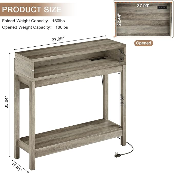 Console Table with Charging Station, 38” Narrow Side Foldable Sofa Table with Shelves, Side Table with Charging, Entryway Table with Anti-Tip Design,Rustic,Rustic Gray