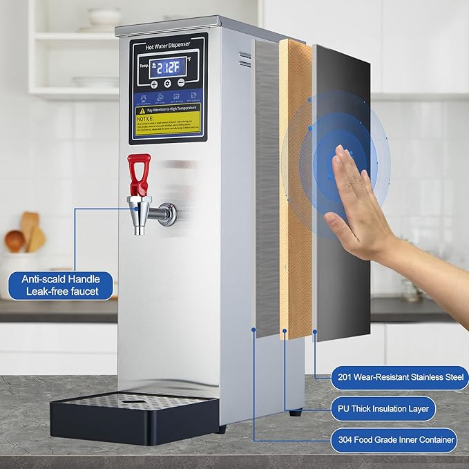 Hot Water Dispenser Commercial Water Boiler Electric Warmer Hot Water Machine Stainless Steel 30L(8GAL)/Hour Step-heating Temperature Control 86-212°F for Boba Tea Coffee Office Restaurant 1600W
