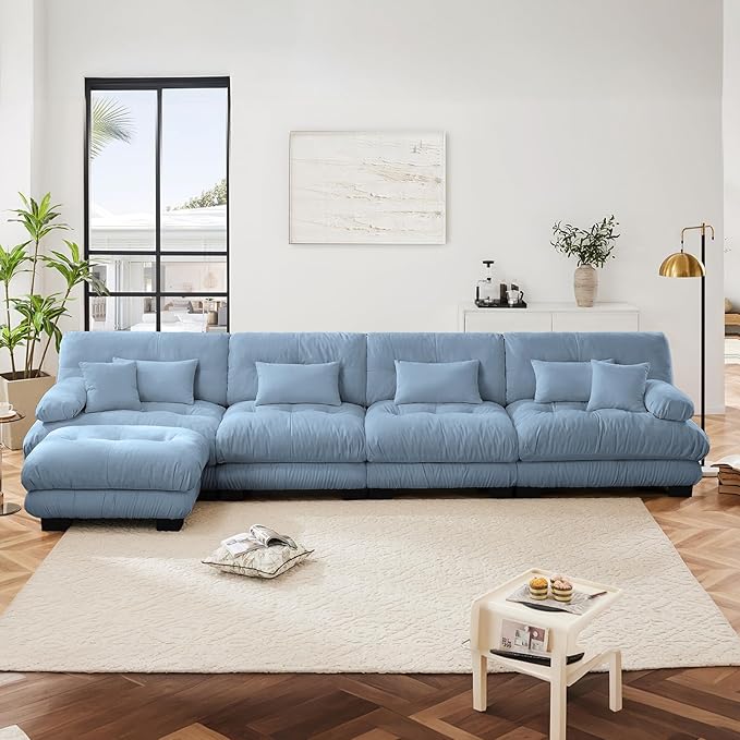 173.2" Oversized Couch, 4 Seater Modular Sectional Sofa, Blue Large L Shaped Sectional Couches for Living Room, Fluffy Chenille Fabric Cloud Couch with Ottoman, Deep Seat Sofas
