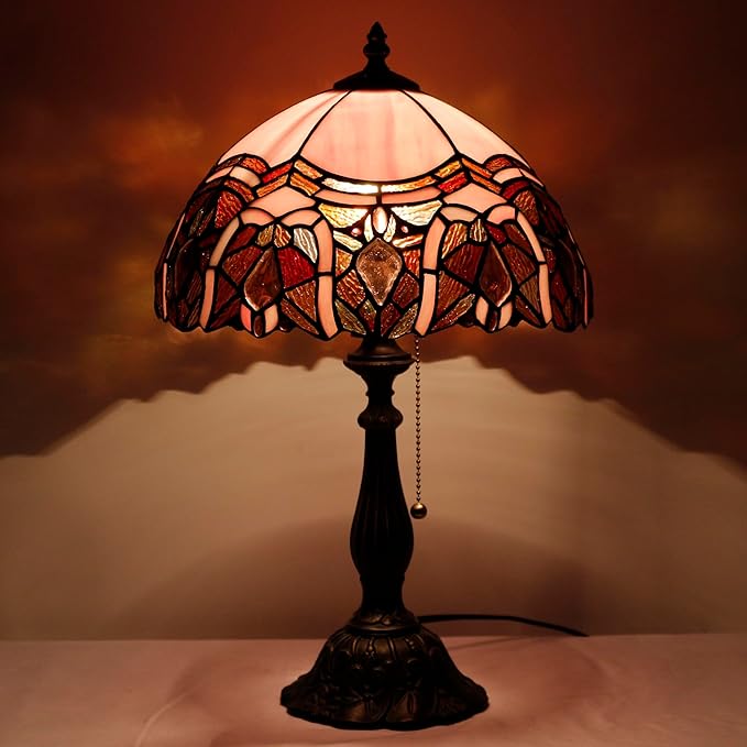 Tiffany Table Lamp Stained Glass Lamp 12X12X19 Inch Antique Reading Light (Pink Jewelry)