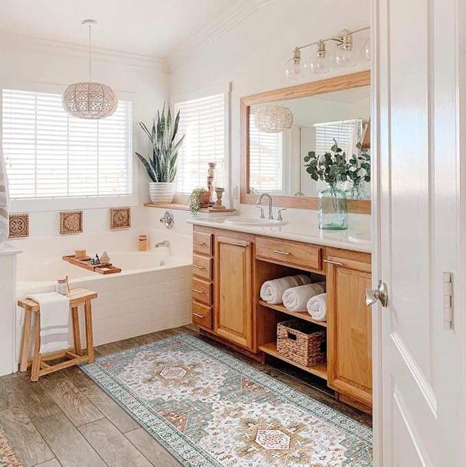 Moynesa Ultra-Thin Washable Runner Rug - 2x6 Bathroom Runner Washable Laundry Room Rug Printed Entryway Carpet Runner, Vintage Pet Friendly Low Pile Runners for Living Bedroom Kitchen, Beige/Gold