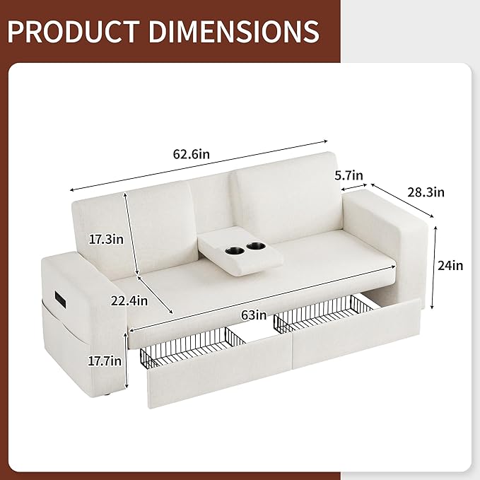 Maupvit 75” Loveseat Sofa with 2 Drawers, USB & Type-C Charging Port, Comfortable Linen Living Room Couch with Small Table Board, Upholstered Small Settee Fits Bedroom, Office,Beige