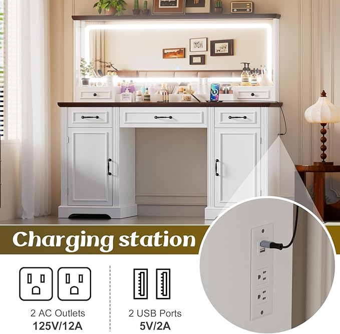 PAKASEPT 55.12" Large Makeup Vanity with LED Lights and 3 Light Modes, Vanity Set with 5 Drawers and Power Outlet, Vanity Desk for Women, Girls