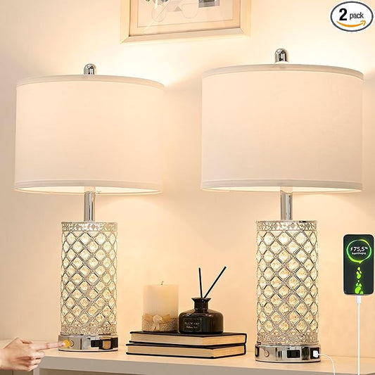 Crystal Table Lamps Set of 2, 3-Way Dimmable Bedside Lamp with 2 USB Ports & AC Outlets for Living Room Bedroom Nightstand Lamp Night Light (Silver- 2 Pack 24In)