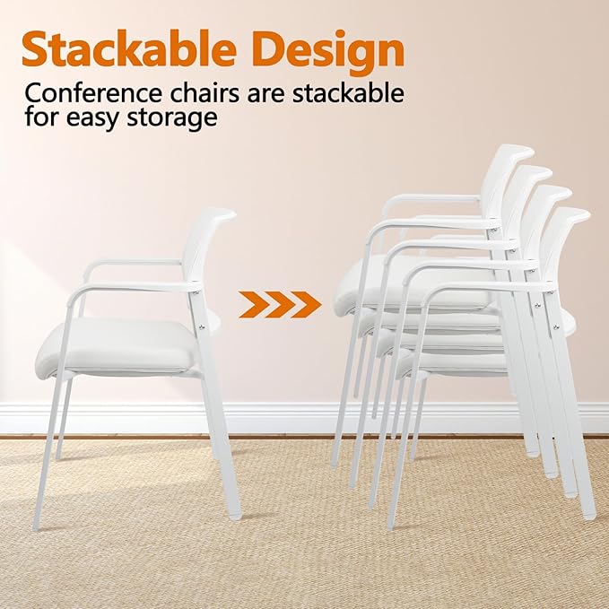 CLATINA Stacking Office Chairs | Mesh Back, Thicken Leather Seat and Streamline Arms, Ergonomic Lumber Support | Guest Reception, Waiting, Conference, School, Party, Customer, Side, Stationary, White